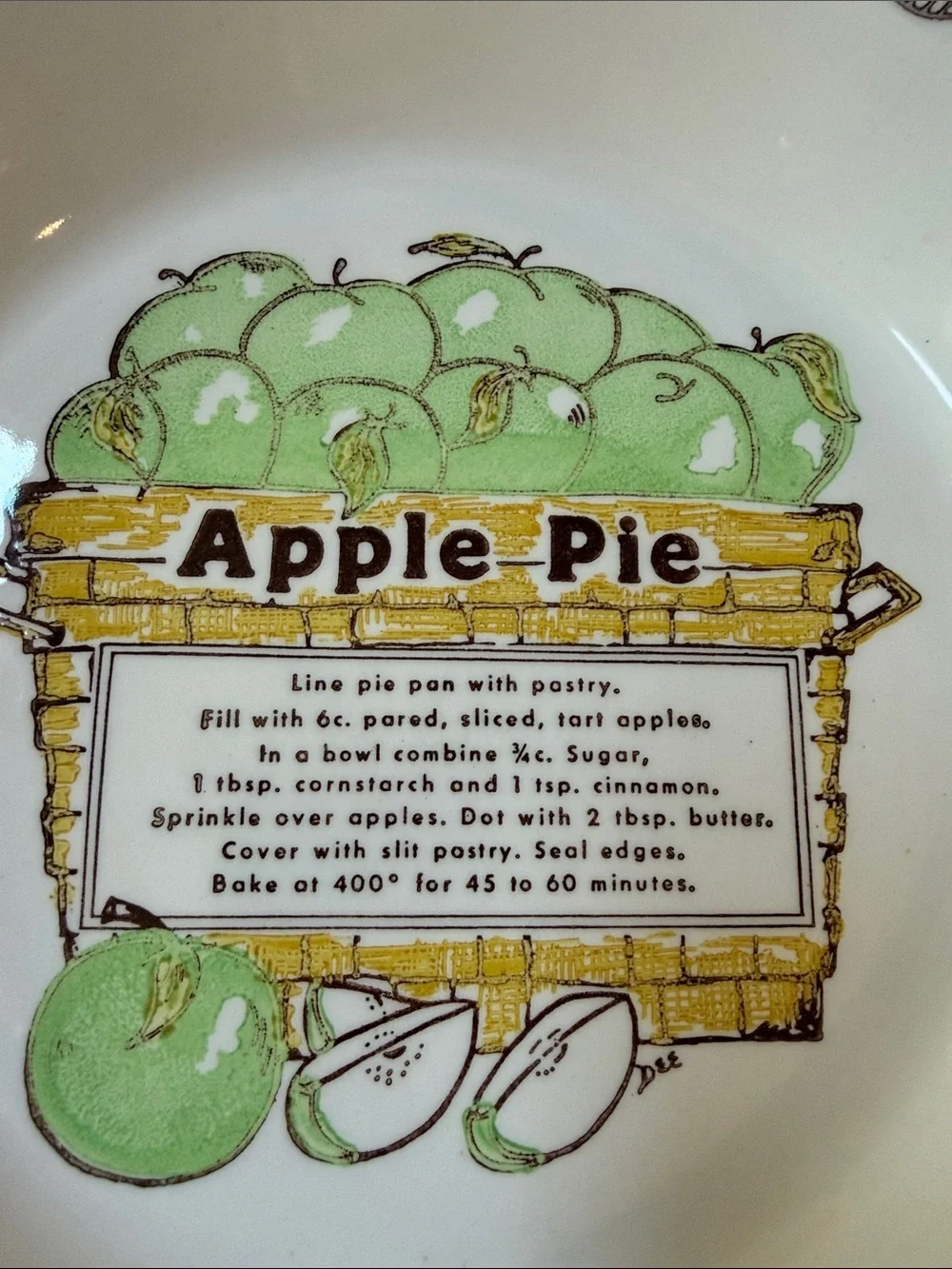 Vintage Ceramic Apple Pie Recipe Serving Pie Plate in Cream and Green